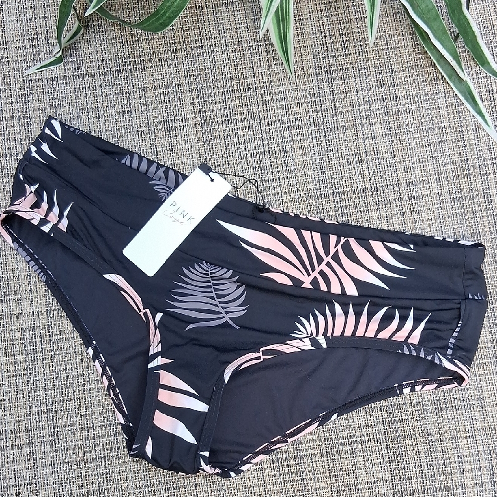 Black and Pink Leaf Print Bikini Bottom